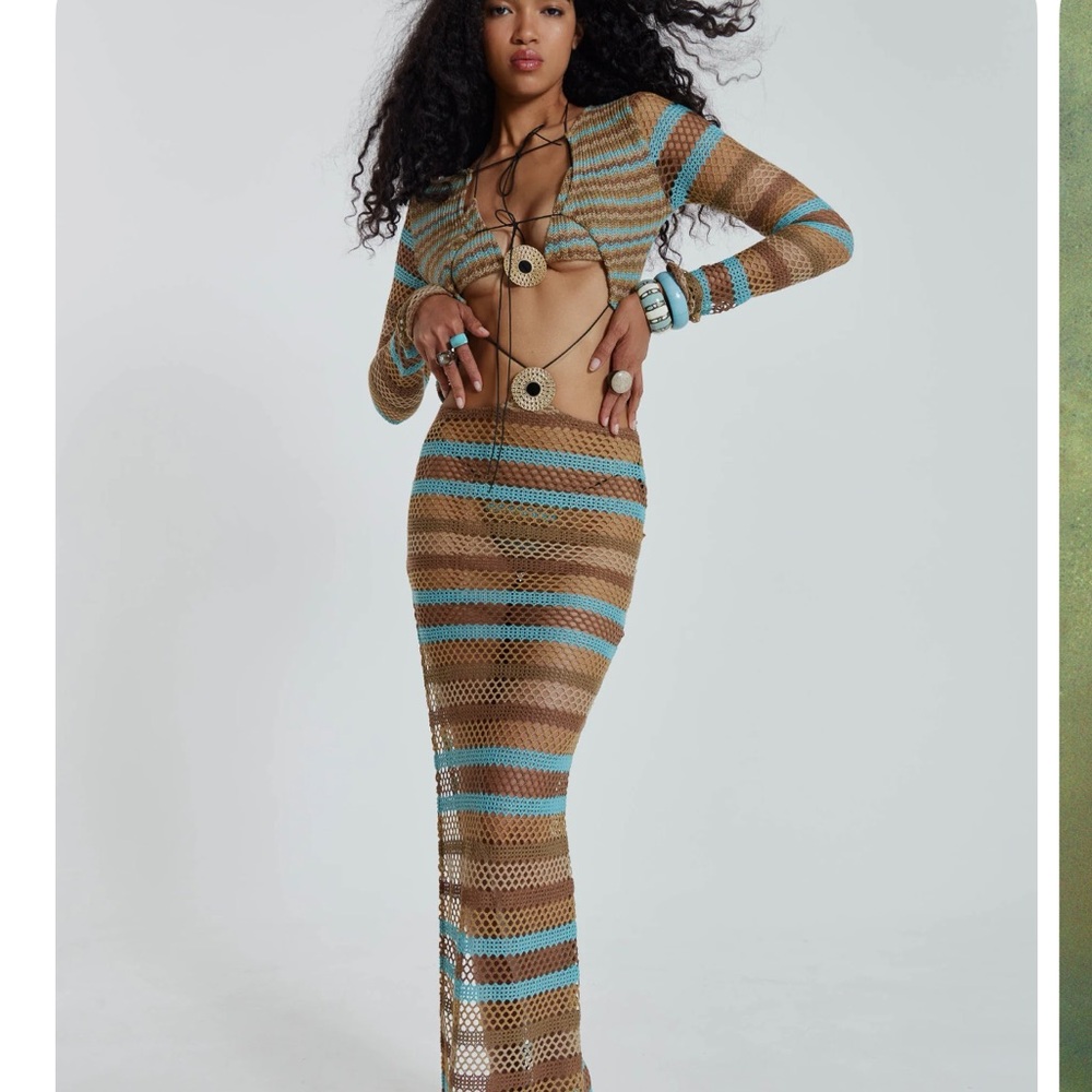 Jaded London Allure  Knitted Maxi Dress - Blue and Brown and Bikini. FULL SET